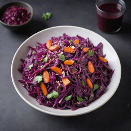 Exotic purple salad made from components like red cabbage, purple carrots, and beetroot, garnished with a sprinkle of sesame seeds.