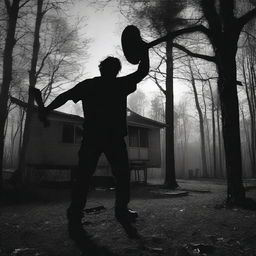 A huge psycho killer swings an axe down from above in front of an old mobile home in the woods