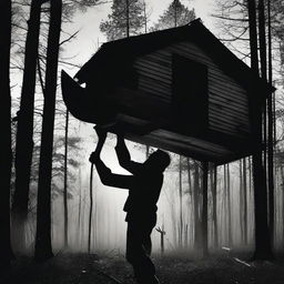 A huge psycho killer swings an axe down from above in front of an old mobile home in the woods