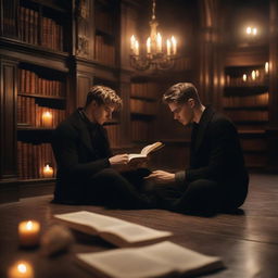 Two sexy young men in an old gothic library, sitting on the floor huddled close to each other, reading a single book by candlelight together