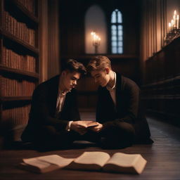 Two sexy young men in an old gothic library, sitting on the floor huddled close to each other, reading a single book by candlelight together