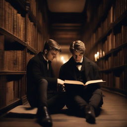 Two sexy young men in an old gothic library, sitting on the floor huddled close to each other, reading a single book by candlelight together