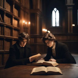 Two sexy young men in an old gothic library, sitting on the floor huddled close to each other, reading a single book by candlelight together