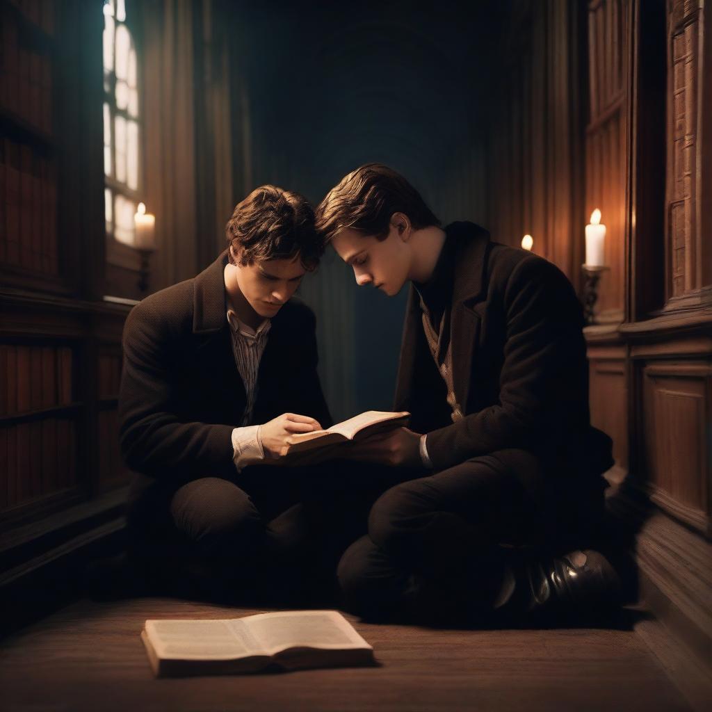 A photorealistic depiction of two attractive young men in an old gothic library, sitting on the floor huddled close to each other