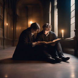 A photorealistic depiction of two attractive young men in an old gothic library, sitting on the floor huddled close to each other