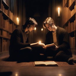 A photorealistic depiction of two attractive young men in an old gothic library, sitting on the floor huddled close to each other