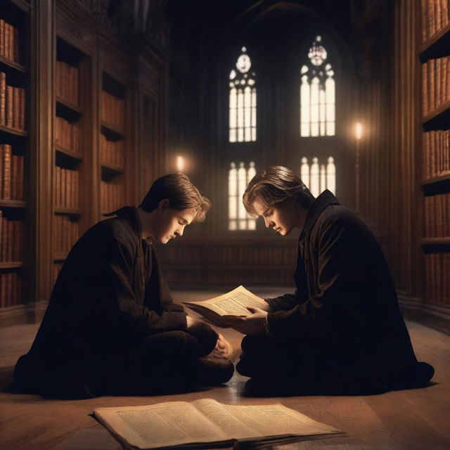 A photorealistic depiction of two attractive young men in an old gothic library, sitting on the floor huddled close to each other