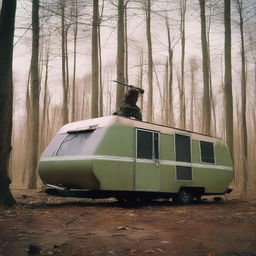 A huge psycho killer swings an axe down from above in front of an old mobile home in the woods