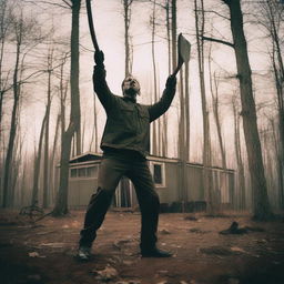 A huge psycho killer swings an axe down from above in front of an old mobile home in the woods