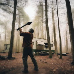 A huge psycho killer swings an axe down from above in front of an old mobile home in the woods