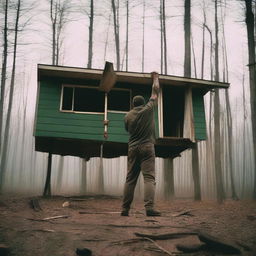 A huge psycho killer swings an axe down from above in front of an old mobile home in the woods