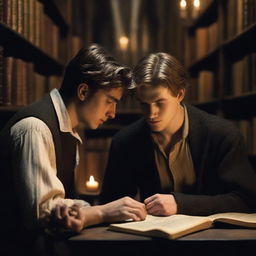 A photorealistic depiction of two attractive young men in an old gothic library, sitting on the floor huddled very close to each other