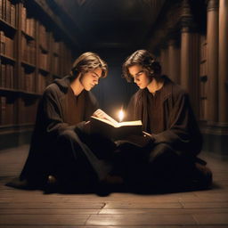 A photorealistic depiction of two attractive young men in an old gothic library, sitting on the floor huddled very close to each other