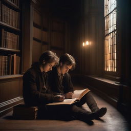 A photorealistic depiction of two attractive young men in an old gothic library, sitting on the floor huddled very close to each other