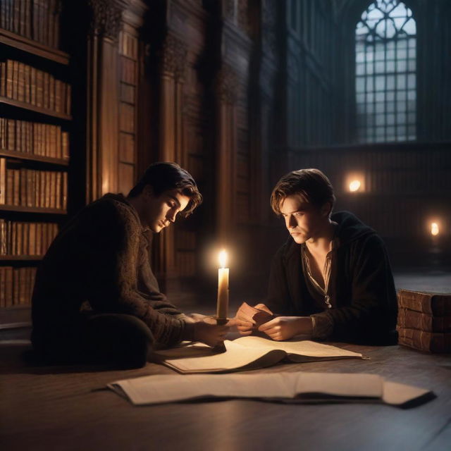 A photorealistic depiction of two attractive young men in an old gothic library, sitting on the floor huddled very close to each other