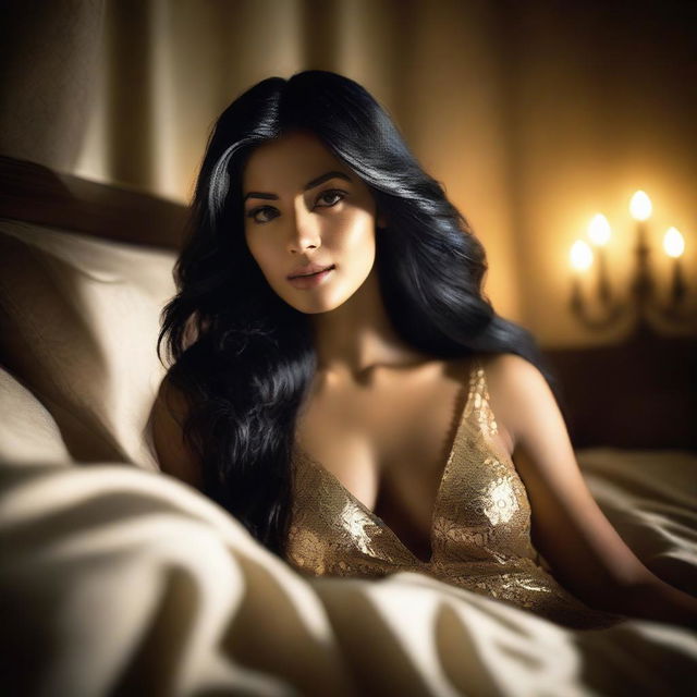 A breathtakingly beautiful, young Latina girl with cascading long black hair that shimmers under the soft glow of a dimly lit bedroom