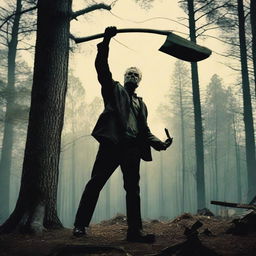 A huge psycho killer swings an axe down from above, facing front, in front of an old mobile home in the woods