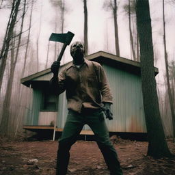 A huge psycho killer swings an axe down from above, facing front, in front of an old mobile home in the woods