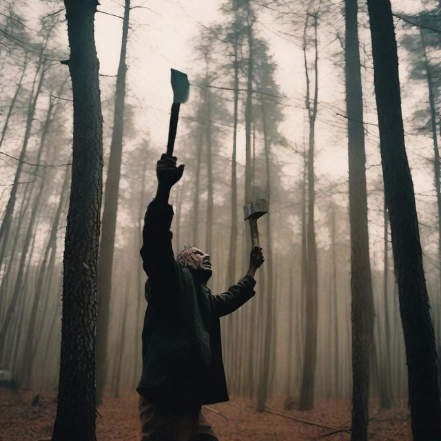 A huge psycho killer swings an axe down from above, facing front, in front of an old mobile home in the woods