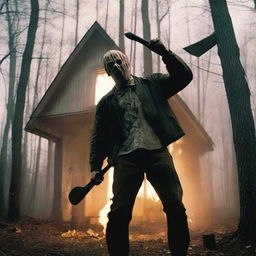 A huge psycho killer swings an axe down from above, facing front, in front of an old mobile home in the woods