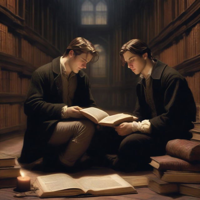 A photorealistic depiction of two attractive young men in an old gothic library, sitting on the floor huddled very close to each other