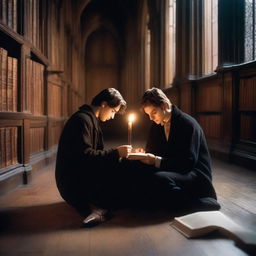 A photorealistic depiction of two attractive young men in an old gothic library, sitting on the floor huddled very close to each other