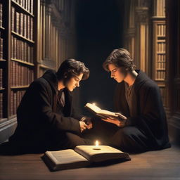 A photorealistic depiction of two attractive young men in an old gothic library, sitting on the floor huddled very close to each other