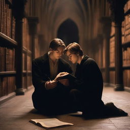 A photorealistic depiction of two attractive young men in an old gothic library, sitting on the floor huddled very close to each other