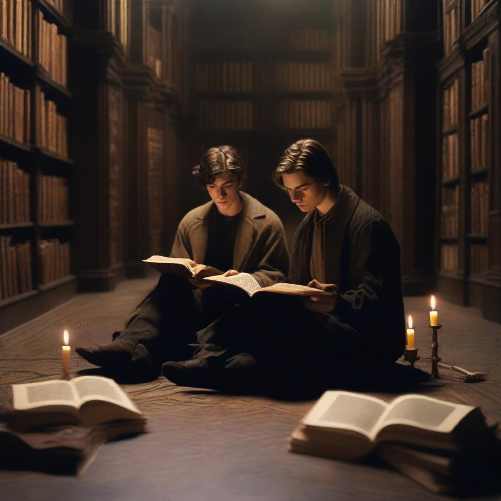 A photorealistic depiction of two attractive young men in an old gothic library, sitting on the floor huddled very close to each other