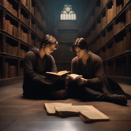 A photorealistic depiction of two attractive young men in an old gothic library, sitting on the floor huddled very close to each other