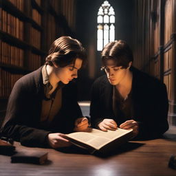 A photorealistic depiction of two attractive young men in an old gothic library, sitting on the floor huddled very close to each other