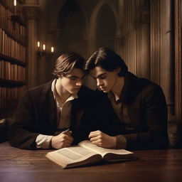 A photorealistic depiction of two attractive young men in an old gothic library, sitting on the floor huddled very close to each other