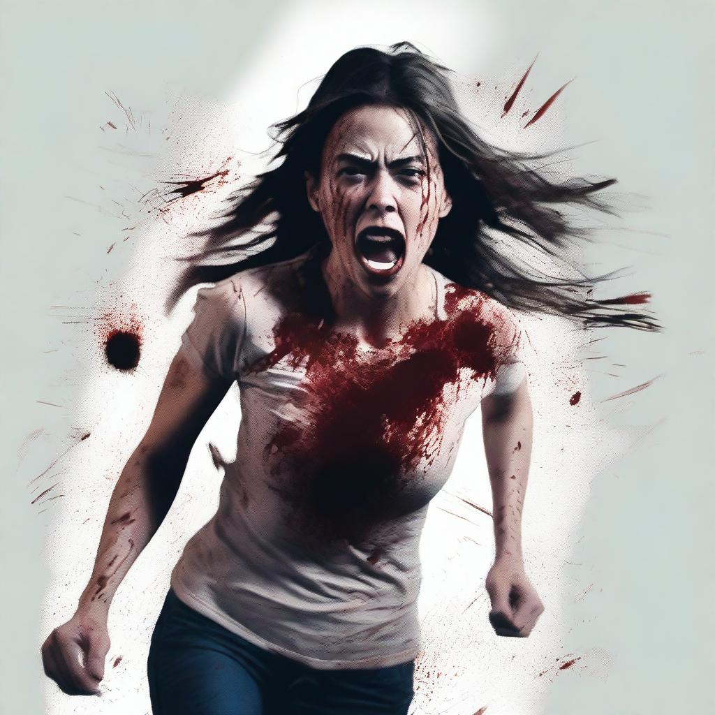 A young terrified and bloody woman runs toward the foreground on an alpha channel