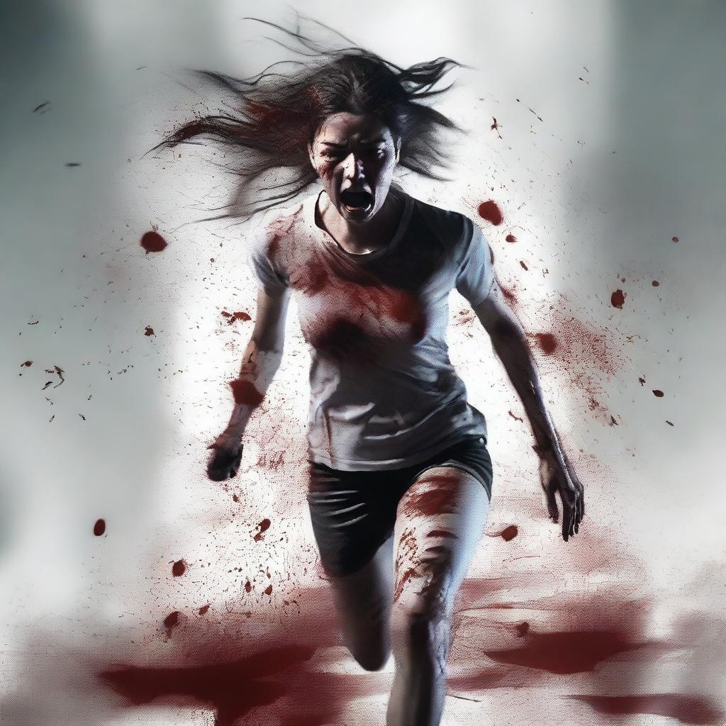 A young terrified and bloody woman runs toward the foreground on an alpha channel