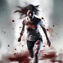 A young terrified and bloody woman runs toward the foreground on an alpha channel