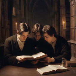 A photorealistic depiction of two contemporary attractive young men in an old gothic academy library, sitting on the floor huddled very close to each other