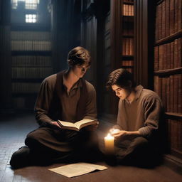 A photorealistic depiction of two contemporary attractive young men in an old gothic academy library, sitting on the floor huddled very close to each other