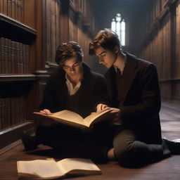 A photorealistic depiction of two contemporary attractive young men in an old gothic academy library, sitting on the floor huddled very close to each other