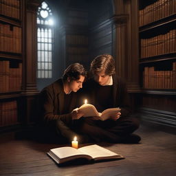 A photorealistic depiction of two contemporary attractive young men in an old gothic academy library, sitting on the floor huddled very close to each other