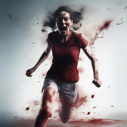 A young terrified and bloody woman runs toward the foreground on a transparent background