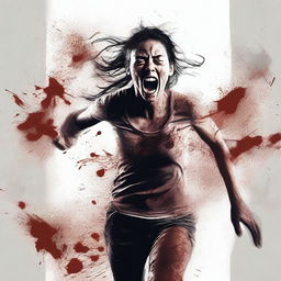 A young terrified and bloody woman runs toward the foreground on a transparent background