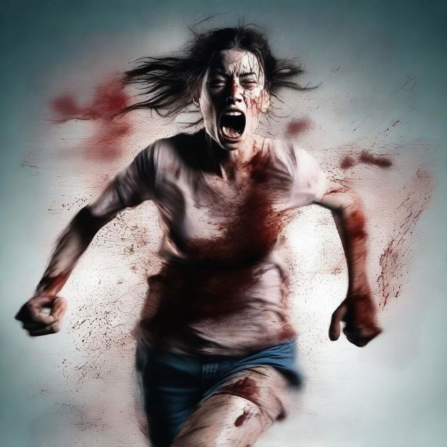 A young terrified and bloody woman runs toward the foreground on a transparent background