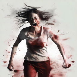 A young terrified and bloody woman runs toward the foreground on a transparent background