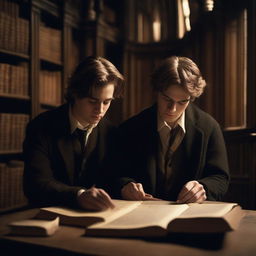 A photorealistic depiction of two contemporary attractive young men in an old gothic academy library