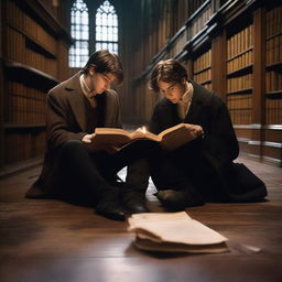 A photorealistic depiction of two contemporary attractive young men in an old gothic academy library