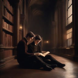 A photorealistic depiction of two contemporary attractive young men in an old gothic academy library