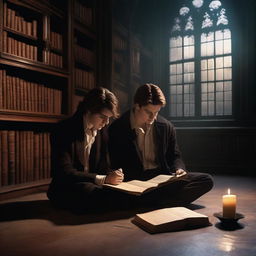 A photorealistic depiction of two contemporary attractive young men in an old gothic academy library