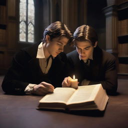 A photorealistic depiction of two attractive young men in an old gothic academy library