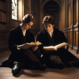 A photorealistic depiction of two attractive young men in an old gothic academy library