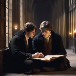 A photorealistic depiction of two attractive young men in an old gothic academy library